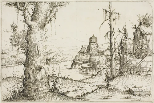 River Landscape with Large Tree in Foreground by Augustin Hirschvogel, print, 1546