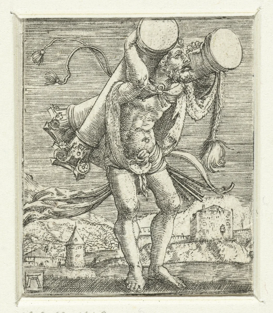 Hercules draagt de zuilen by Unknown, print, 1506-1538