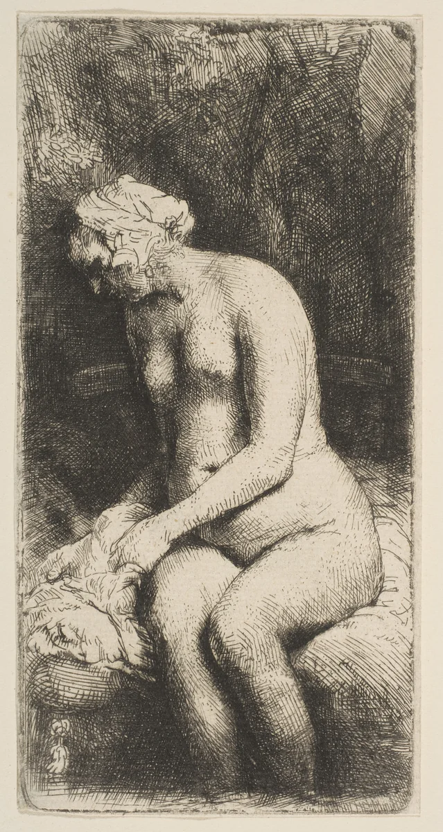 Woman Bathing Her Feet at a Brook by Rembrandt van Rijn, print, 1658