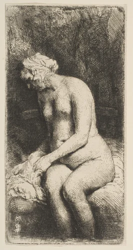Woman Bathing Her Feet at a Brook by Rembrandt van Rijn, print, 1658