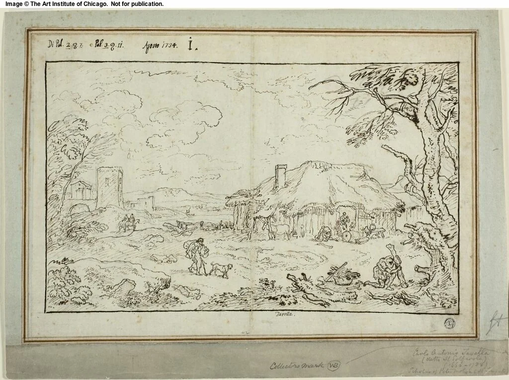 Rural Crossroads, with Farm Buildings in Foreground by Carlo Antonio Tavella, drawing, 1734
