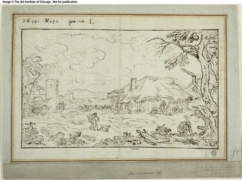Rural Crossroads, with Farm Buildings in Foreground by Carlo Antonio Tavella, drawing, 1734