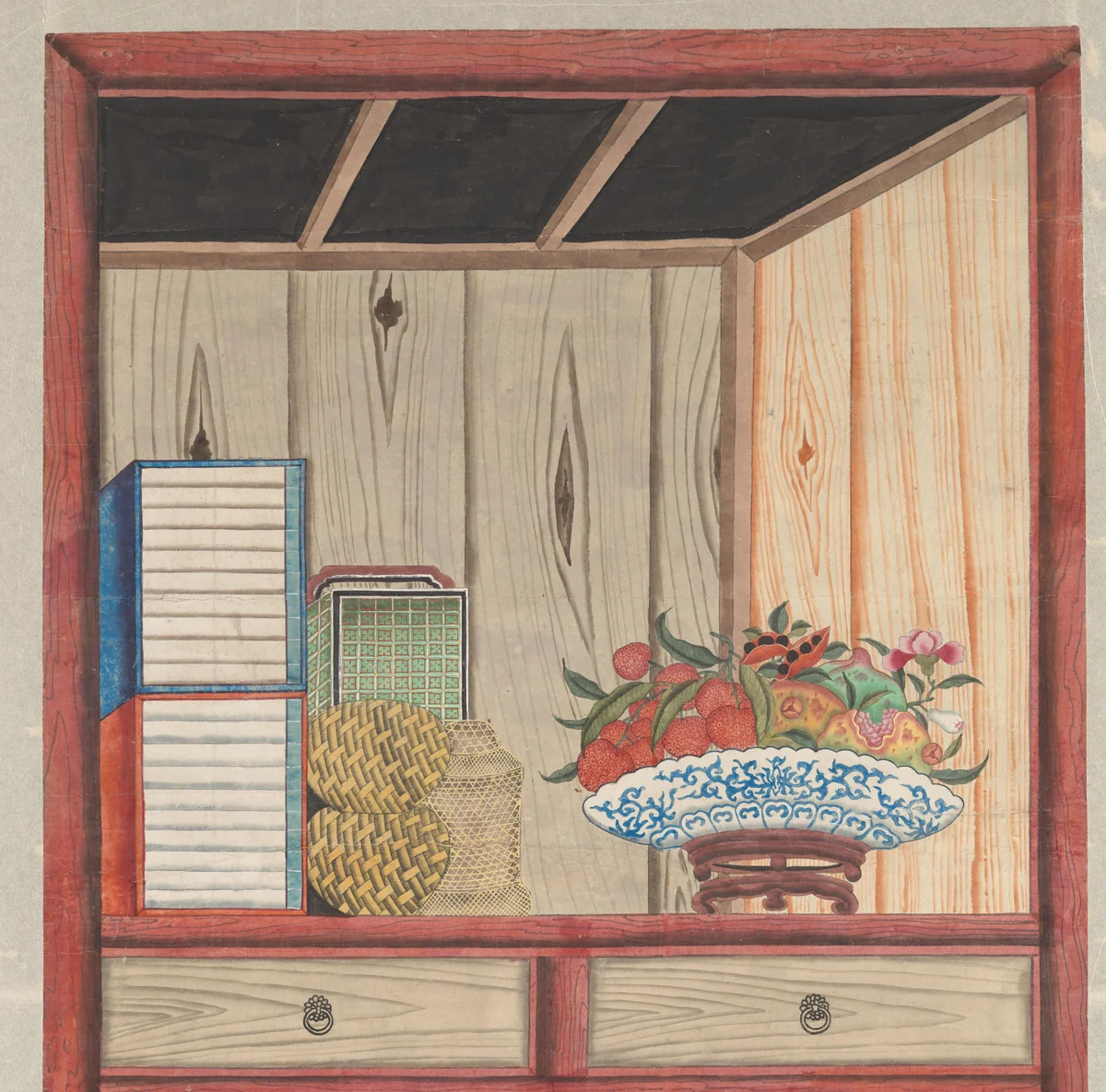 Chinese schildering op papier, voorstellende een kast met daarin verschillende voorwerpen by anonymous, furniture, 1750-1800