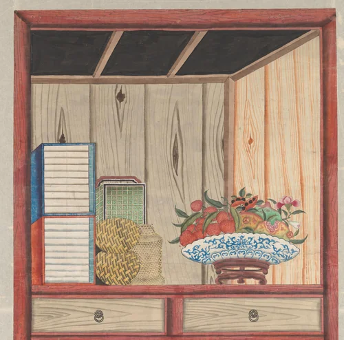 Chinese schildering op papier, voorstellende een kast met daarin verschillende voorwerpen by anonymous, furniture, 1750-1800