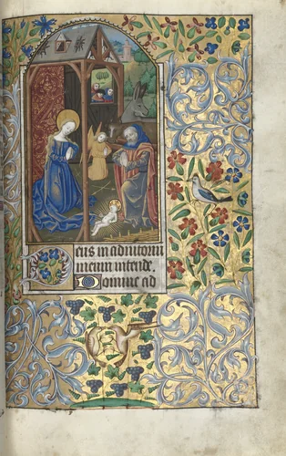 Book of Hours (Use of Rouen): fol. 56r, Adoration with Shepherds/Nativity by Master of the Geneva Latini, book, 1465-1475