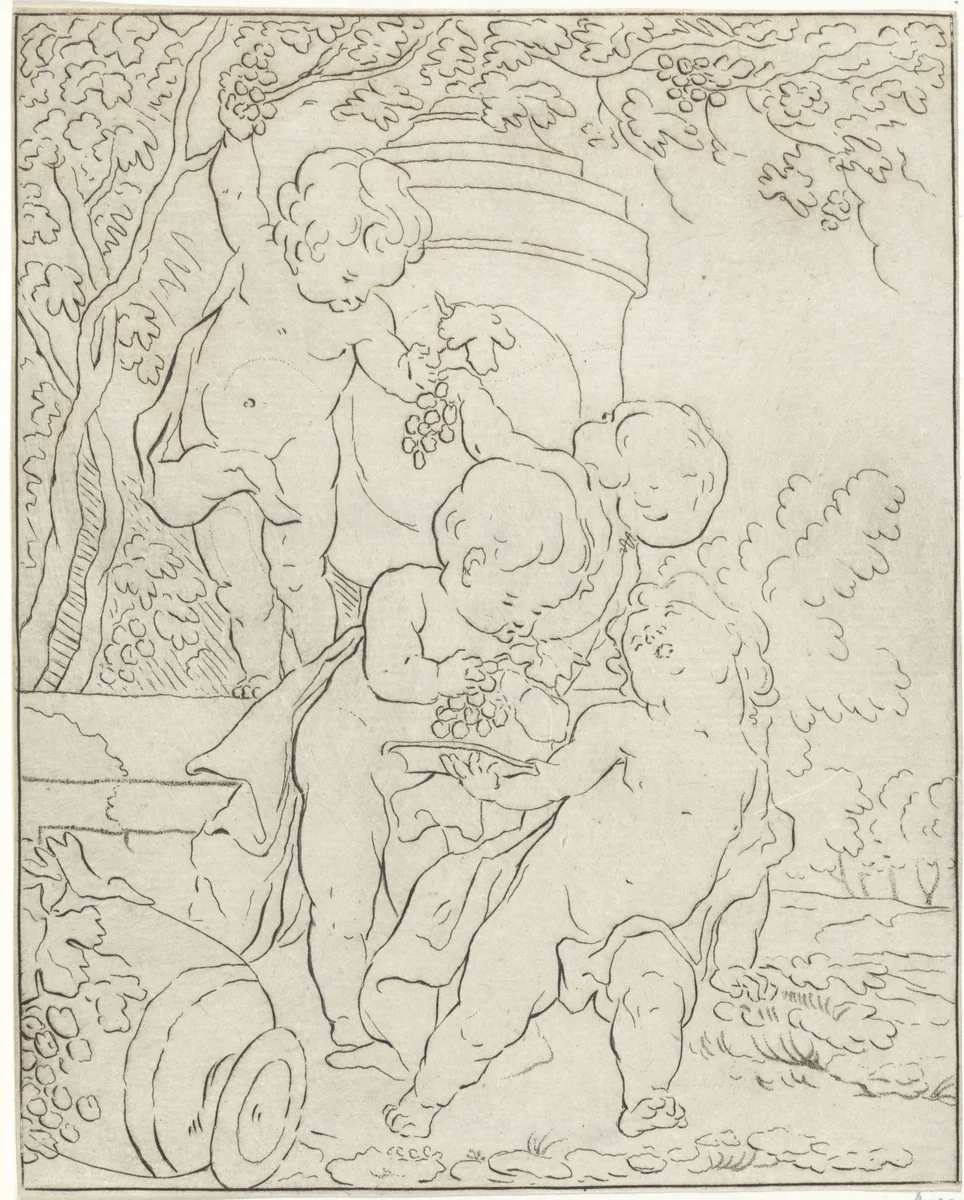 Vier druiven plukkende putti bij een vaas by Bernhard Schreuder, print, 1767-1780