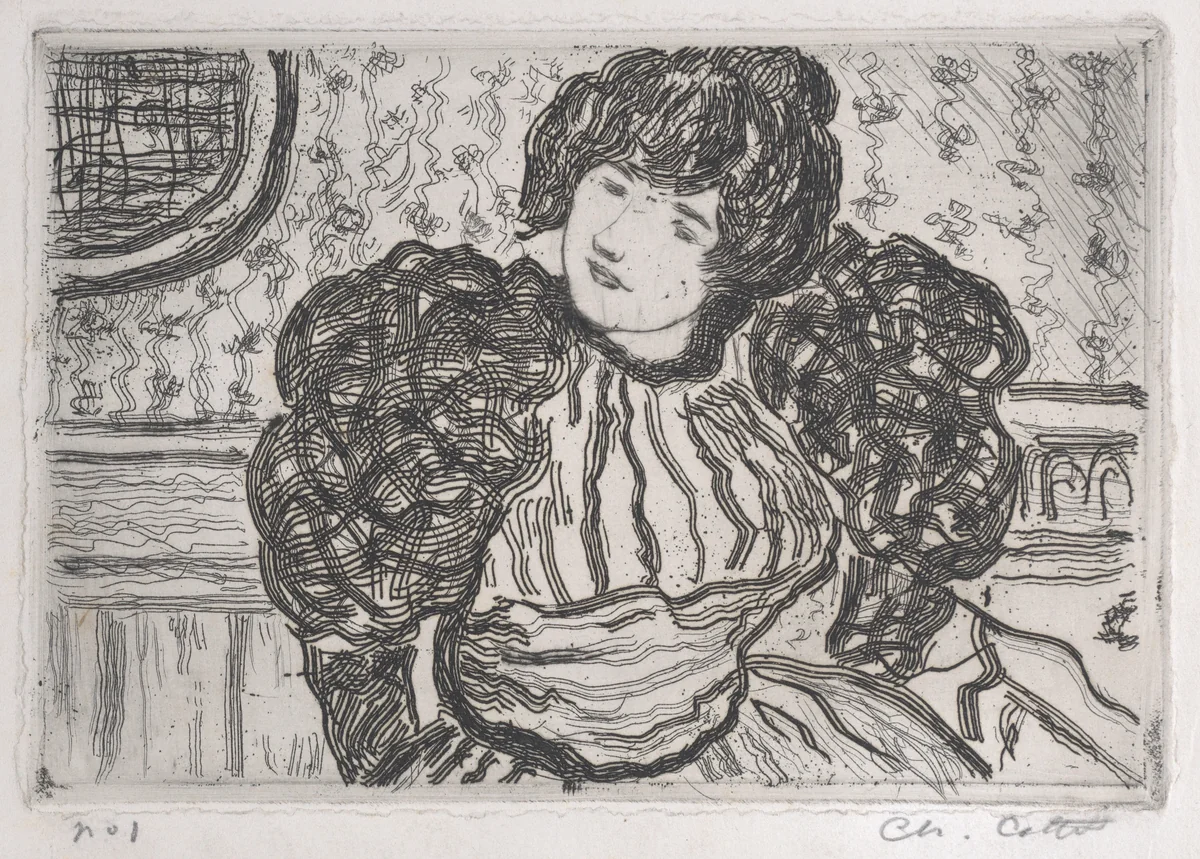 Woman wearing a dress with puffy sleeves by Charles Cottet, print, 1901-1911