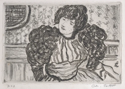 Woman wearing a dress with puffy sleeves by Charles Cottet, print, 1901-1911