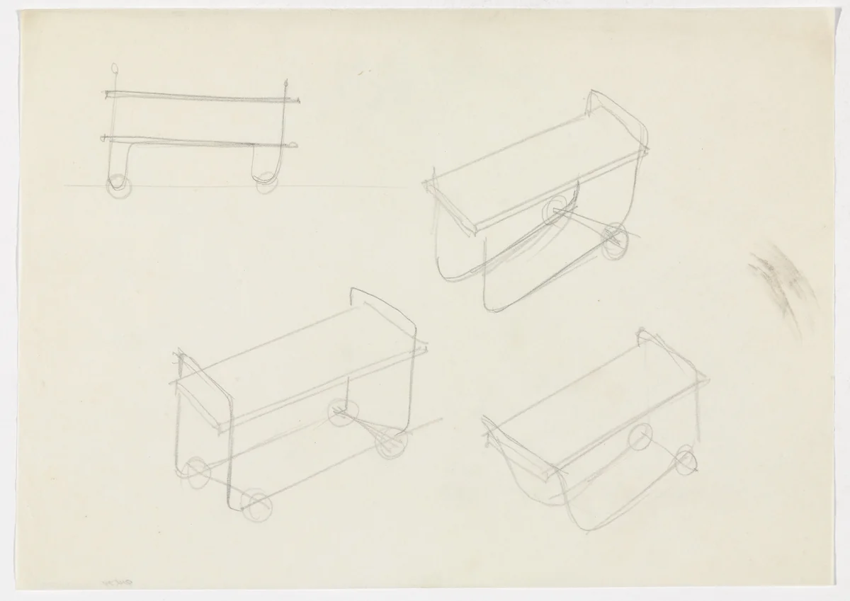 Serving Cart (Elevation sketch, perspective sketches) by Ludwig Mies van der Rohe, mies van der rohe archive, 1926
