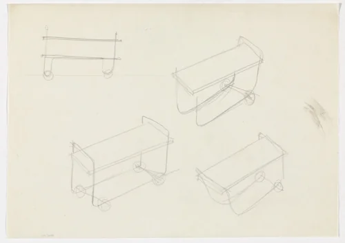 Serving Cart (Elevation sketch, perspective sketches) by Ludwig Mies van der Rohe, mies van der rohe archive, 1926