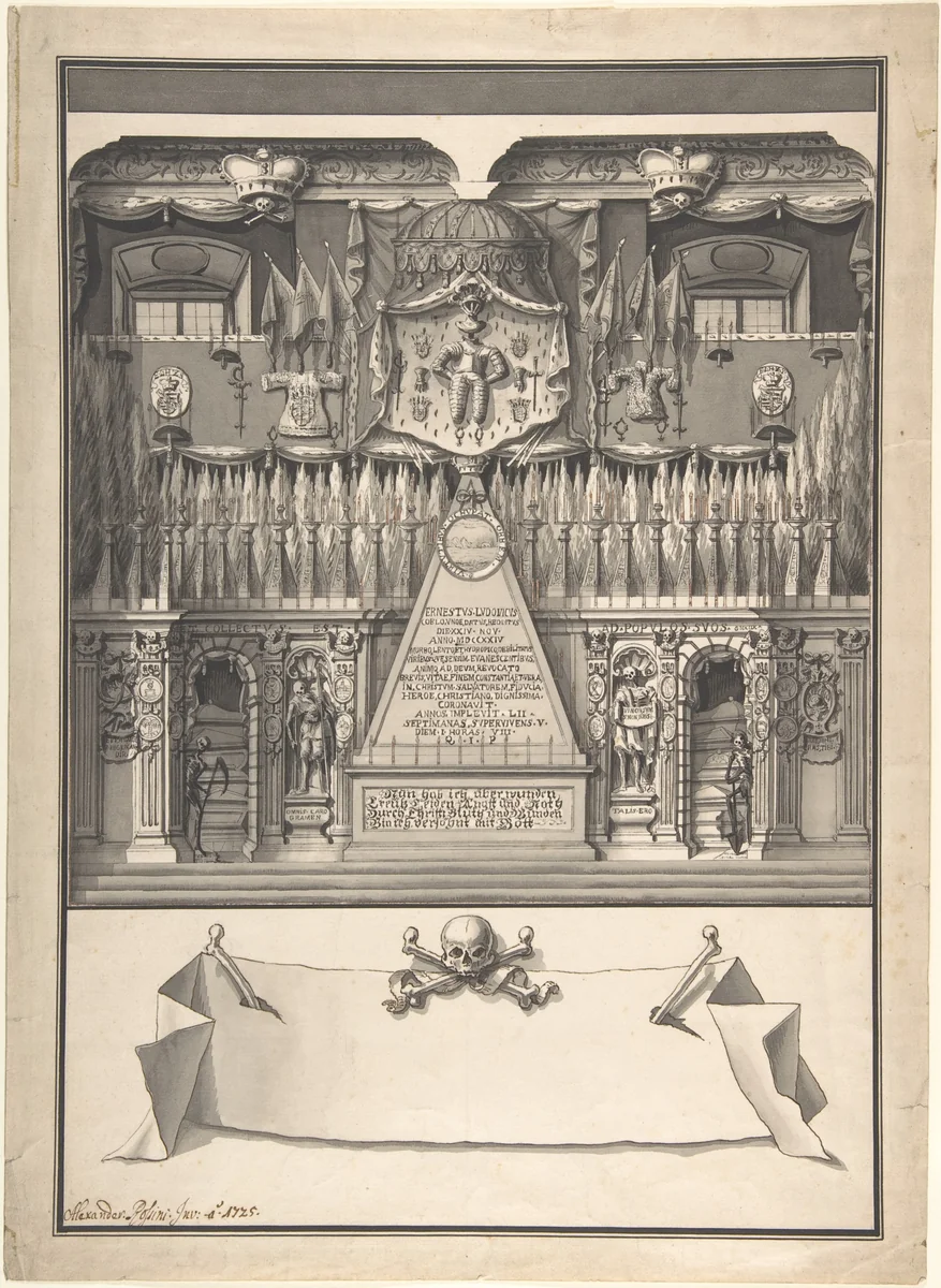 Memorial Decoration for the Interior of a Building to Honor the Deceased Ernst Ludwig, 1725 by Alessandro Rossini, drawing, 1702-1736