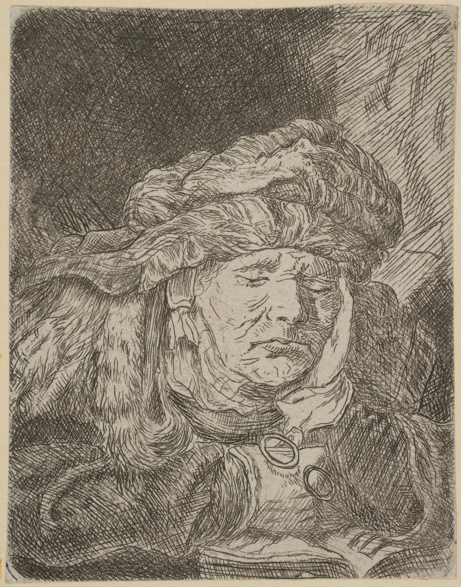 Old Woman Sleeping (copy) by Rembrandt van Rijn, print, 1620-1986