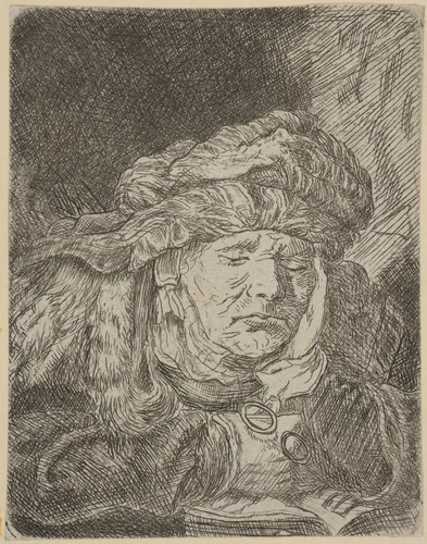 Old Woman Sleeping (copy) by Rembrandt van Rijn, print, 1620-1986