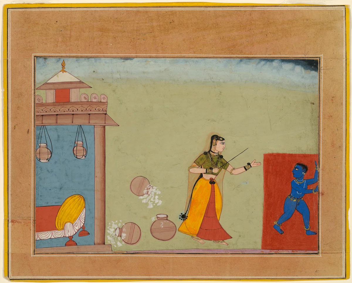 Yashoda Chastises Her Foster Son, the Youthful Krishna, page from a manuscript of the Bhagavata Purana by Bikaner, painting, 1501-1600