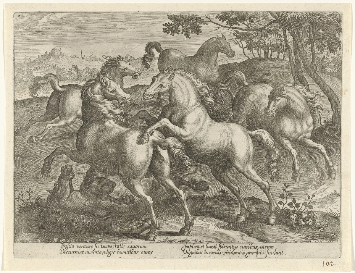 Zes vechtende paarden by Unknown, print, 1578-1582
