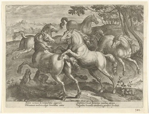 Zes vechtende paarden by Unknown, print, 1578-1582