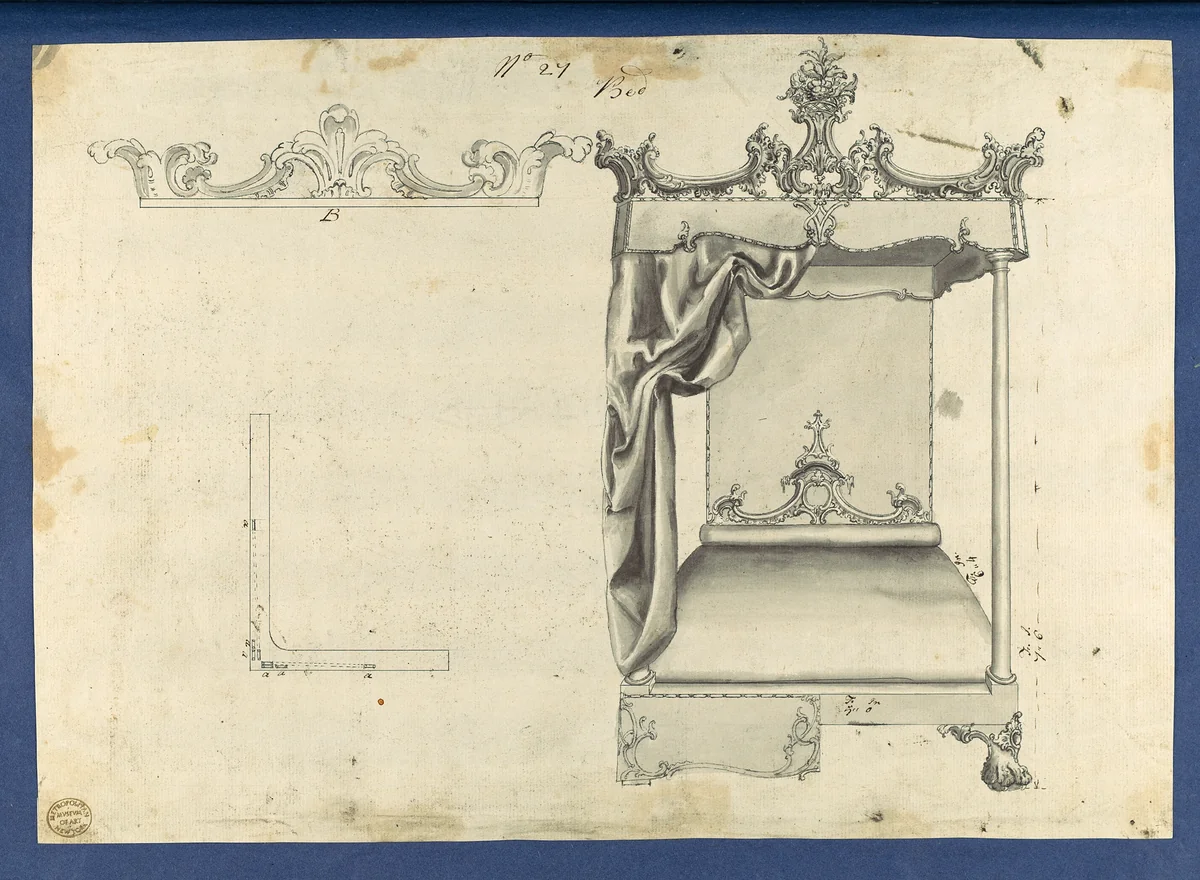 Bed, in Chippendale Drawings, Vol. I by Thomas Chippendale, drawing, 1753