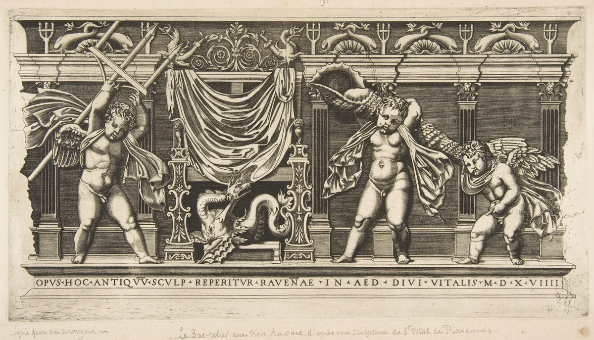 Three cupids in front of a facade with pilasters, one holding a trident and another a large shell by anonymous, print, 1515-1600