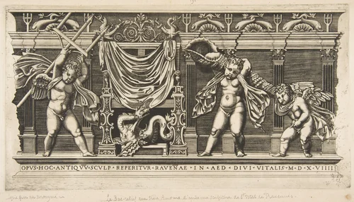 Three cupids in front of a facade with pilasters, one holding a trident and another a large shell by anonymous, print, 1515-1600
