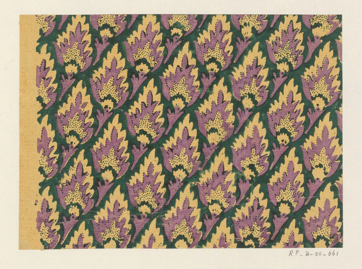 Blad met banenpatroon van uitgespaard bladmotief by anonymous, print, 1750-1900