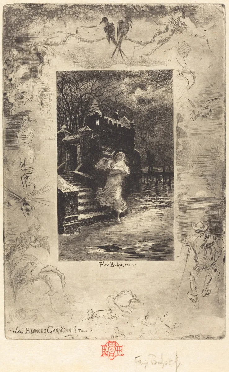 La Blanche Caroline (Pale Caroline) by Félix-Hilaire Buhot, print, 1879-1880