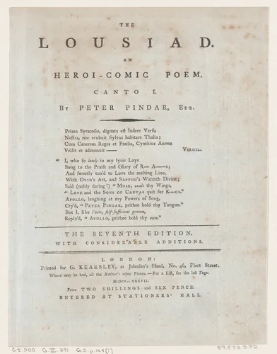 The Lousiad, Title Page by Thomas Rowlandson, print, 1787