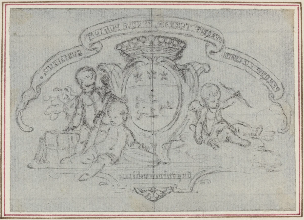 Coat of Arms with Three Putti by Hubert François Gravelot, drawing, 1699-1773