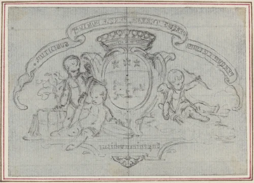 Coat of Arms with Three Putti by Hubert François Gravelot, drawing, 1699-1773