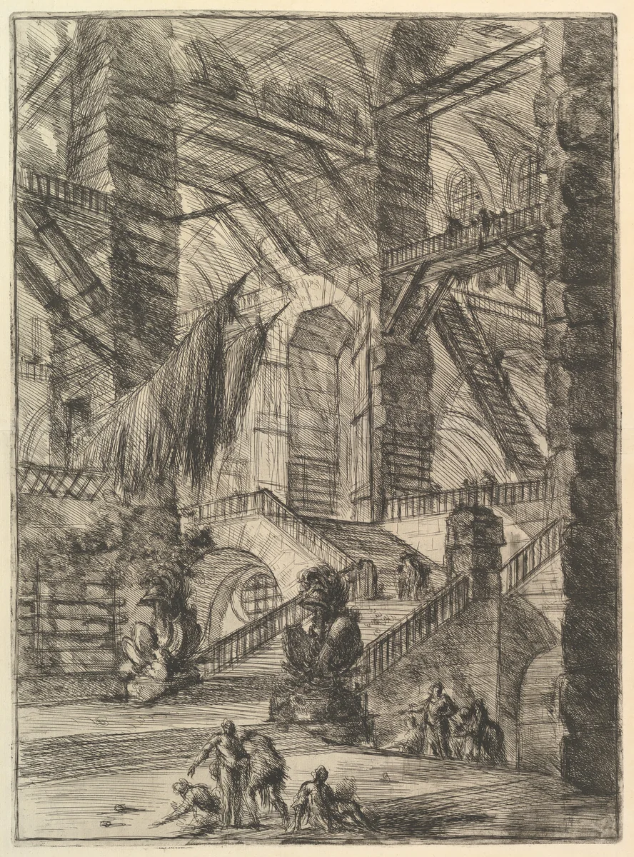 The Staircase with Trophies, from "Carceri d'invenzione" (Imaginary Prisons) by Giovanni Battista Piranesi, print, 1744-1755