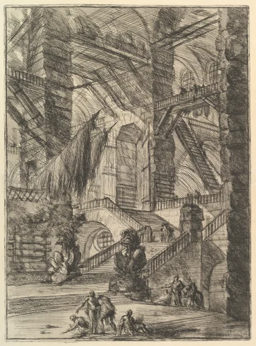The Staircase with Trophies, from "Carceri d'invenzione" (Imaginary Prisons) by Giovanni Battista Piranesi, print, 1744-1755
