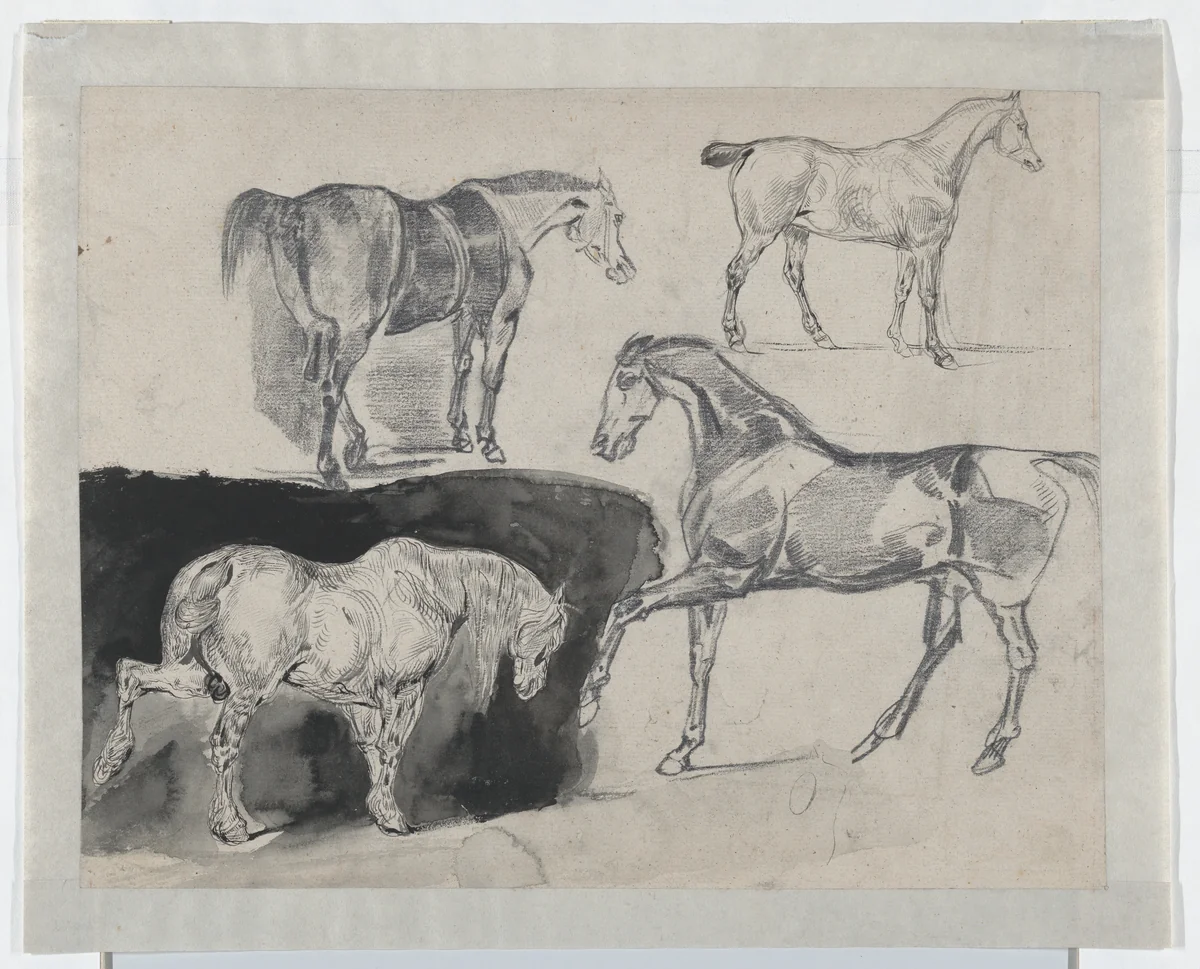 Four Studies of Horses (recto); Four Studies of Galloping Horses and Riders (verso) by Eugène Delacroix, drawing, 1824-1825
