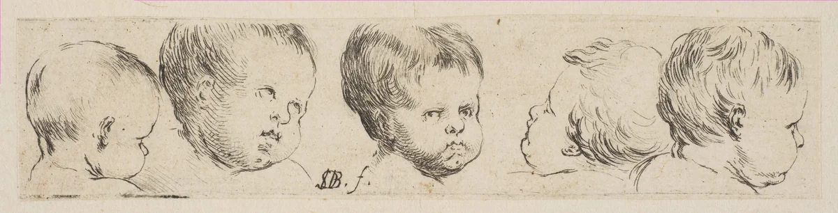 Plate 10: Five Heads of Children, from "Collection of various doodles and etching proofs" (Recueil de divers griffonnements et preuves d'eauforte) by Stefano della Bella, print, 1641-1651