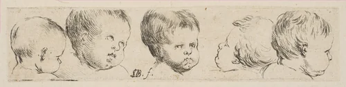 Plate 10: Five Heads of Children, from "Collection of various doodles and etching proofs" (Recueil de divers griffonnements et preuves d'eauforte) by Stefano della Bella, print, 1641-1651