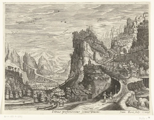 Landschap met Tobias en aartsengel Rafaël op weg by Unknown, print, 1591-1634