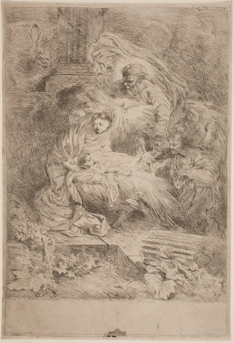 The Nativity with God the Father and the Holy Spirit by Salvatore Castiglione; Giovanni Benedetto Castiglione, print, 1640-1650
