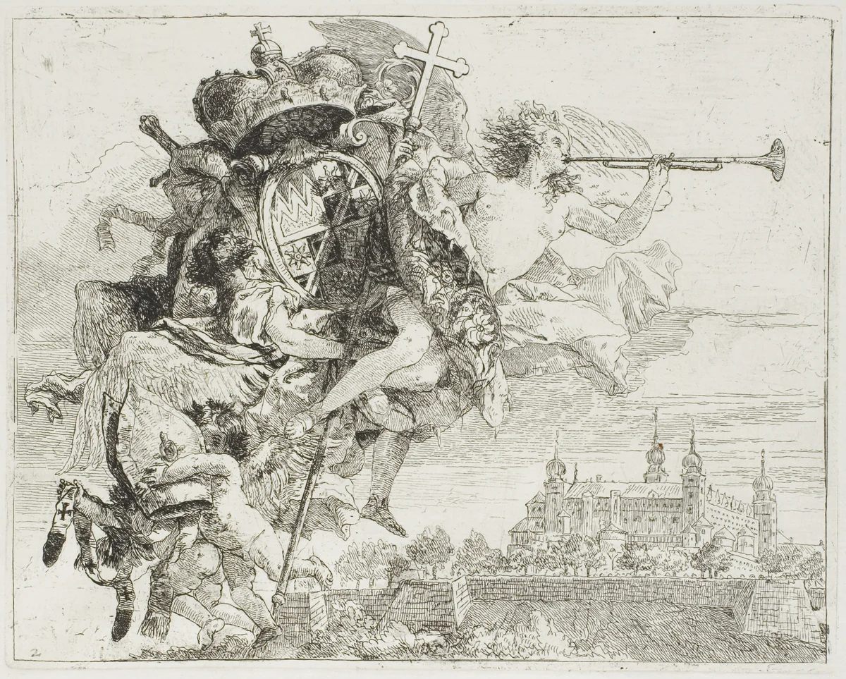 Frontispiece: The Arms of Carl Philipp von Greiffenklau Carried Aloft by an Angel, from The Flight into Egypt by Giovanni Domenico Tiepolo, print, 1753