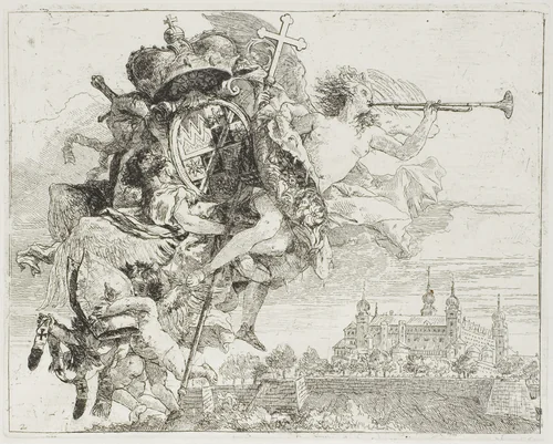 Frontispiece: The Arms of Carl Philipp von Greiffenklau Carried Aloft by an Angel, from The Flight into Egypt by Giovanni Domenico Tiepolo, print, 1753