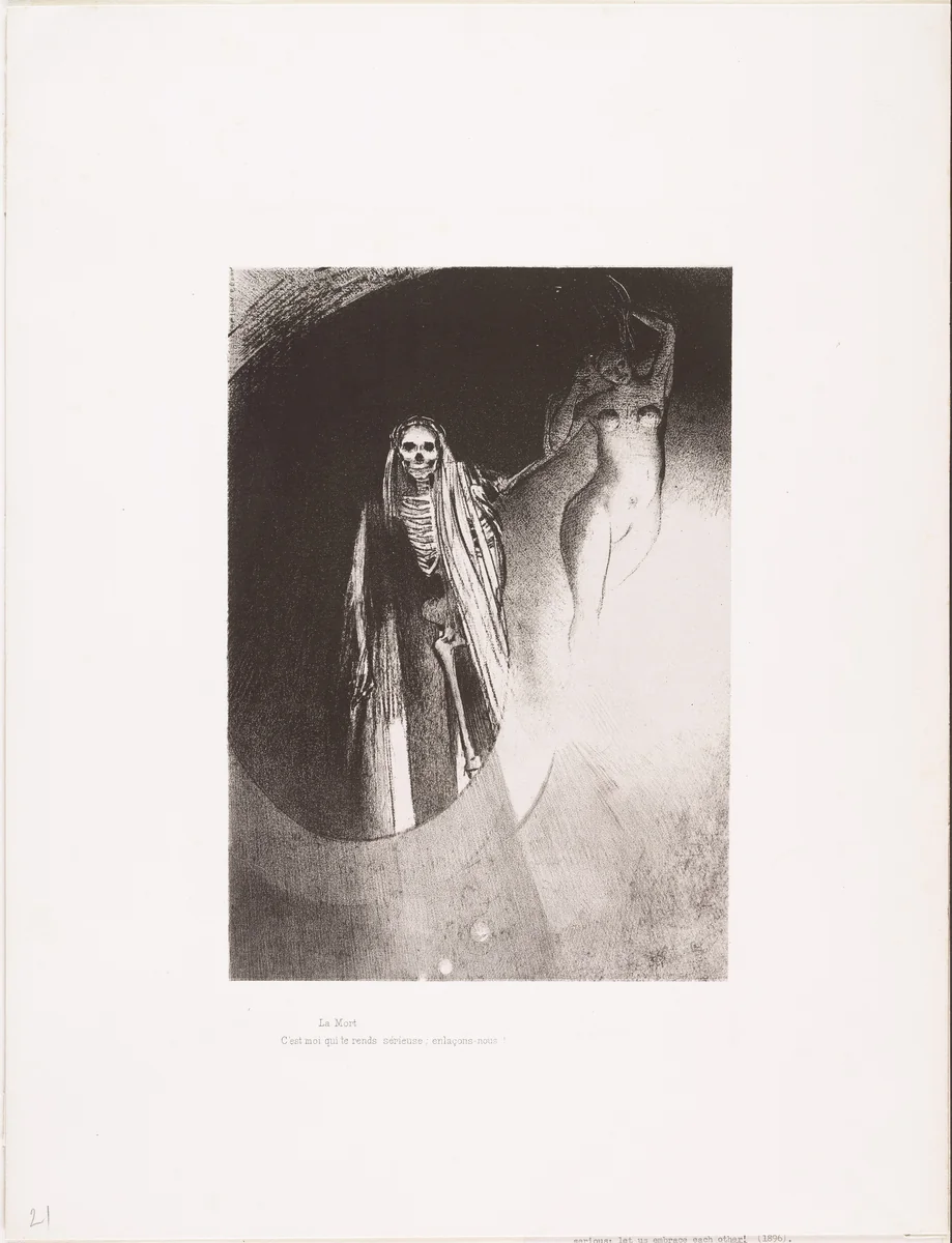 Death: It Is I Who Makes You Serious; Let Us Embrace (La Mort: C'est moi qui te rends serieuse; enlaçons-nous) from The Temptation of Saint Anthony (La Tentation de Saint-Antoine) by Odilon Redon, print, 1896