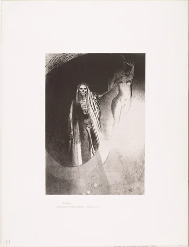 Death: It Is I Who Makes You Serious; Let Us Embrace (La Mort: C'est moi qui te rends serieuse; enlaçons-nous) from The Temptation of Saint Anthony (La Tentation de Saint-Antoine) by Odilon Redon, print, 1896