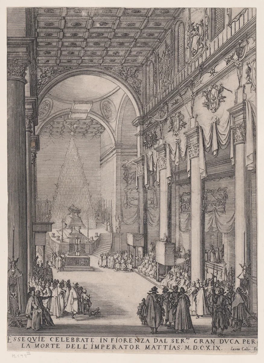 Le Catafalque de l'Empereur Mathais pièce appelée aussi Le Petit Prédicateur, La Chapelle Funèbre de Florence et Requiem de L'Empereur Mathais (The Catafalque of the Emperor Matthais, piece also called The Small Preacher, The Funerary Chapel of Florence, The Requiem of the Emperor Matthais) by Jacques Callot, print, 1619