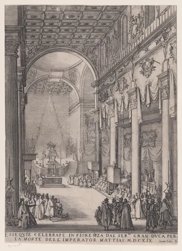 Le Catafalque de l'Empereur Mathais pièce appelée aussi Le Petit Prédicateur, La Chapelle Funèbre de Florence et Requiem de L'Empereur Mathais (The Catafalque of the Emperor Matthais, piece also called The Small Preacher, The Funerary Chapel of Florence, The Requiem of the Emperor Matthais) by Jacques Callot, print, 1619