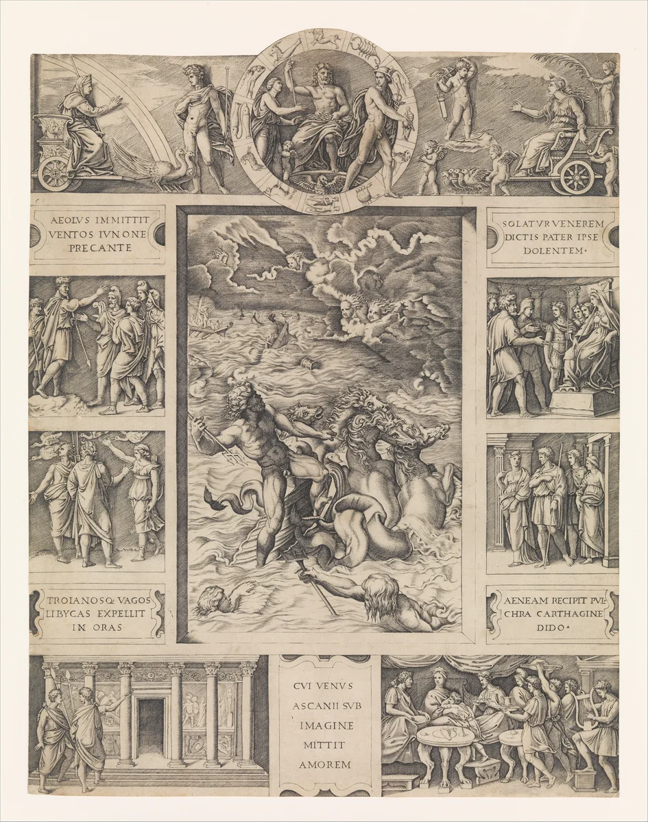 Neptune calming the tempest which Aeolus raised against Aeneas' fleet from Book I of the Aeneid by Marcantonio Raimondi, print, 1510-1521
