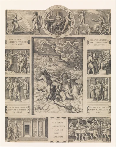 Neptune calming the tempest which Aeolus raised against Aeneas' fleet from Book I of the Aeneid by Marcantonio Raimondi, print, 1510-1521