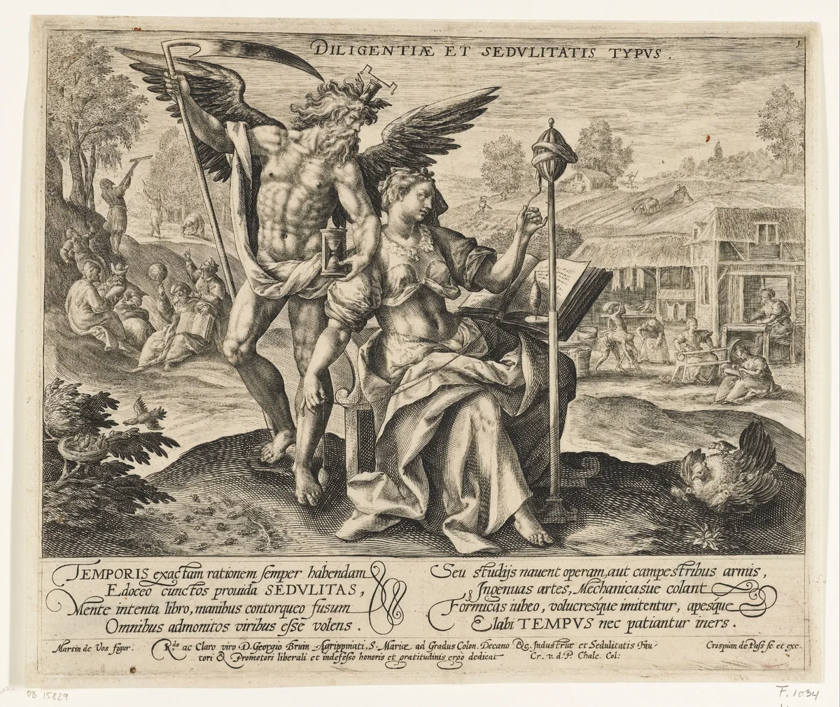 Landschap met Vader Tijd en personificatie van Vlijt en Arbeidzaamheid by Unknown, print, 1589-1611