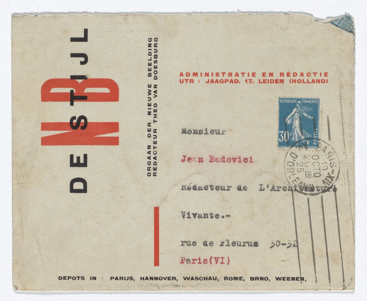 De Stijl NB stationery envelope (Addressed to Jean Badovici) by Theo van Doesburg, design, 1925