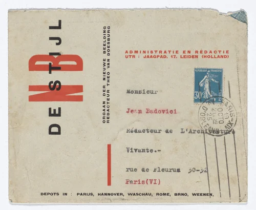 De Stijl NB stationery envelope (Addressed to Jean Badovici) by Theo van Doesburg, design, 1925