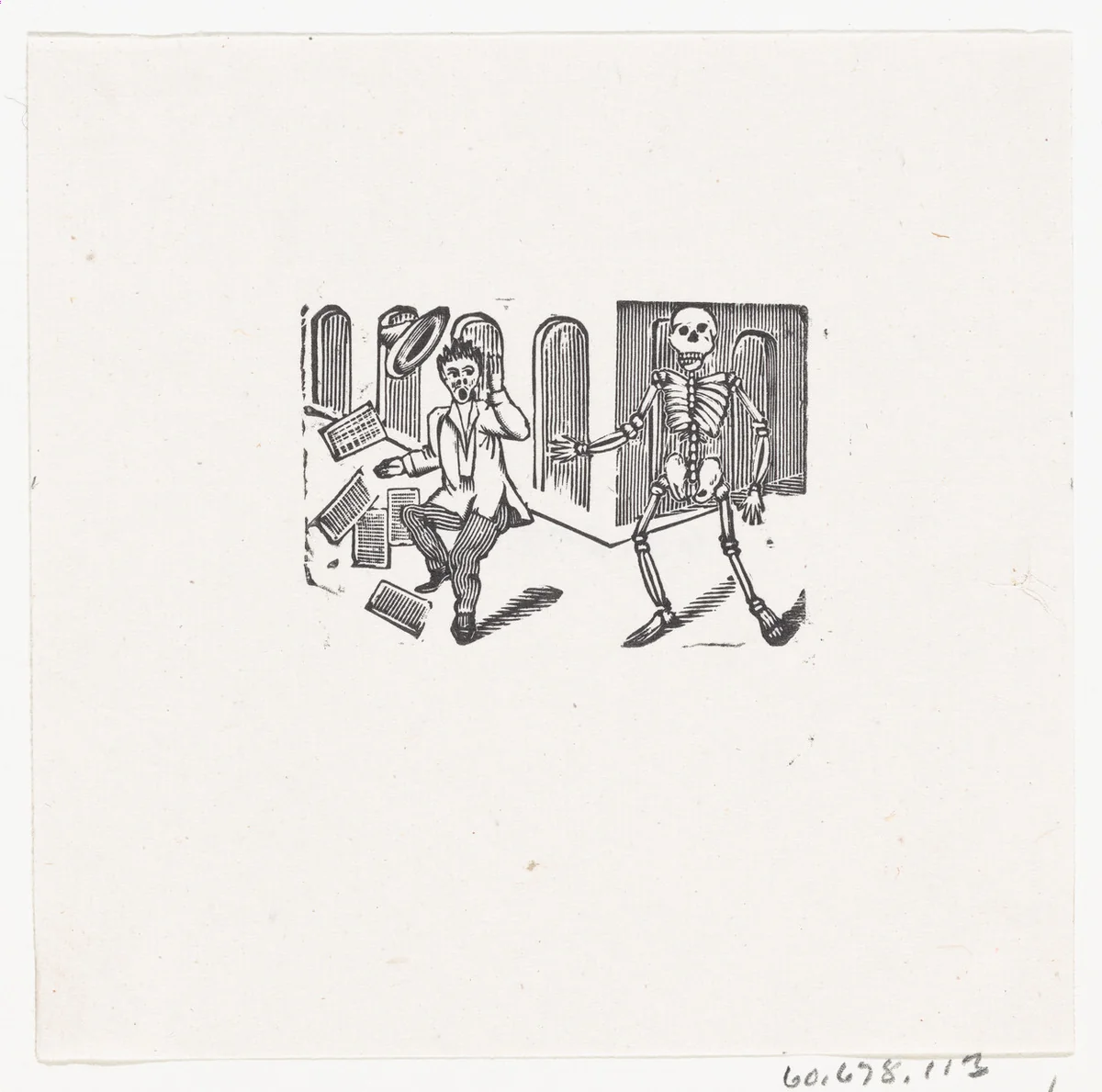 A skeleton frightening a man holding newspapers by José Guadalupe Posada, print, 1875-1885