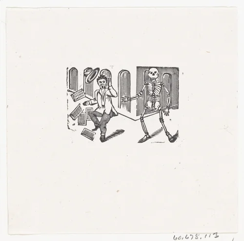 A skeleton frightening a man holding newspapers by José Guadalupe Posada, print, 1875-1885