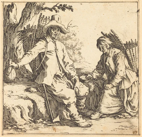 Peasant Couple at Rest by Jacques Callot, print, 1621