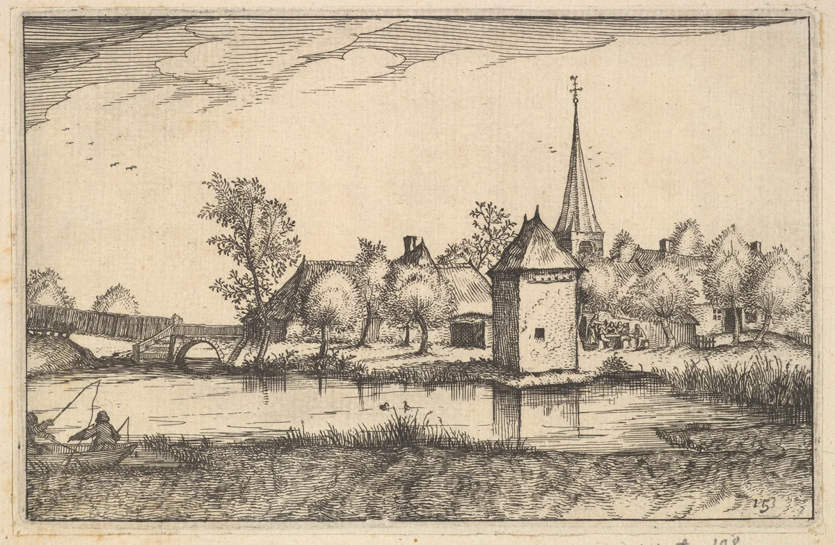 Pond and a Village, plate 15 from "Regiunculae et Villae Aliquot Ducatus Brabantiae" by Claes Jansz Visscher, print, 1605-1615